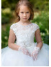 Beaded Neck Ivory Lace Tulle Flower Girl Dress With Horsehair Trim